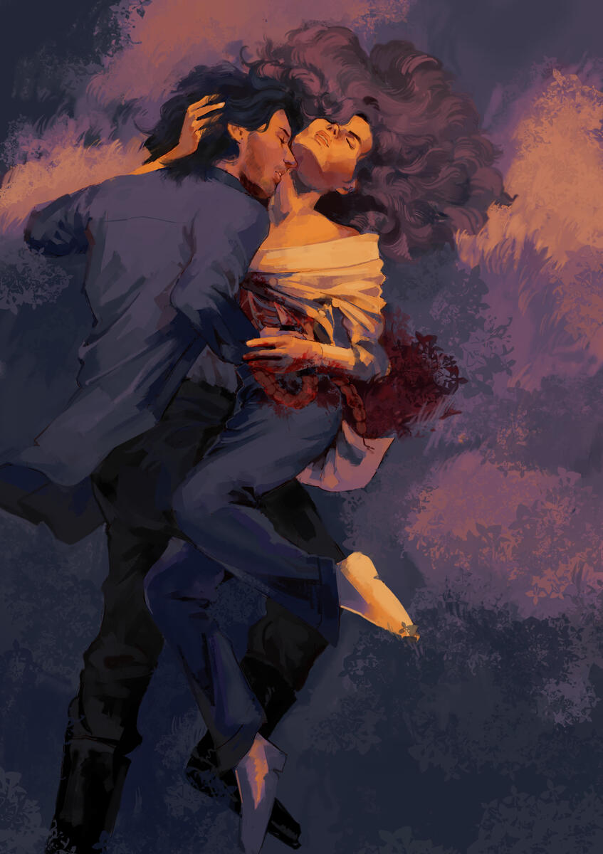 character concept art, inspiration taken from the cover art of 'by love undone' written by suzanne enoch